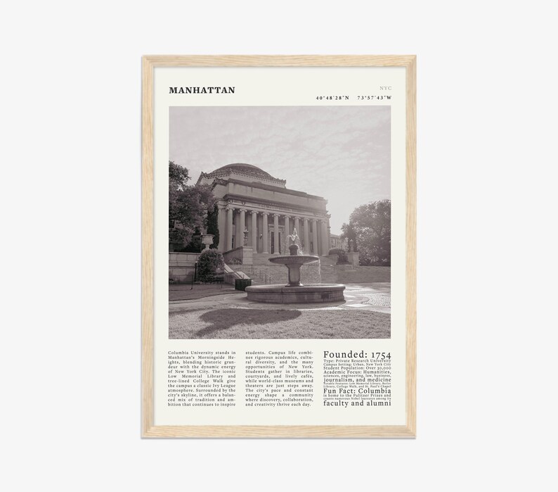 May include: A framed monochrome print depicting a building with columns and a fountain in Manhattan. The print includes the text "MANHATTAN" at the top and "Founded: 1754" along with other text at the bottom.