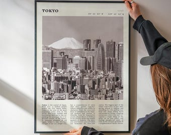 Tokyo Vintage Poster | Fujisan Skyline Schwarz & Weiß Poster | Japan Reise Wandkunst