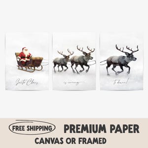 Christmas Set of 3 Painting Posters | Santa Claus with a Sleigh and Reindeers | Santa Claus is Coming to Town Print | Festive Wall Art