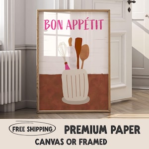 French Bon Appétit Quote Print | Kitchen or Dining Room Wall Art | Beige Neutral Modern Poster | Vibrant Kitchen Decor | Kitchenware canvas