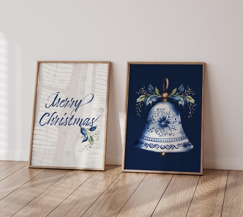 Printable Christmas Set of 2 Decor Posters Navy Blue Merry Christmas