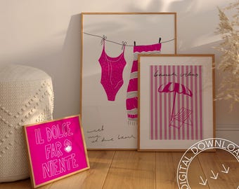 Pink Summer Poster Set | Beach Vibes, Italian Art (Digital Download)