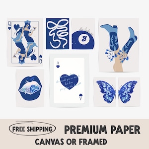 Set van 8 marineblauwe slaapzaalposters | Poolbal met hartenprint | Lucy You Lucky Me | Queen of Hearts cowgirl-laarzen | Moderne meisjesachtige muurkunst