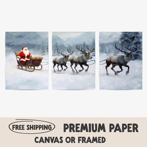 Conjunto de 3 pôsteres de pintura azul de Natal | Papai Noel com um trenó e renas | Impressão de Papai Noel está chegando à cidade | Decoração festiva