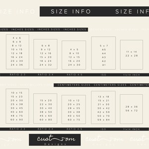 Puede incluir: Un gr&aacute;fico con informaci&oacute;n de tama&ntilde;o para impresiones en pulgadas y cent&iacute;metros. El gr&aacute;fico incluye tama&ntilde;os est&aacute;ndar como 4x6, 8x10, 11x14 y A4, as&iacute; como tama&ntilde;os personalizados con proporciones de 2:3, 3:4 y 4:5. El gr&aacute;fico est&aacute; titulado "Size Info" e incluye el texto "cust som Designs".