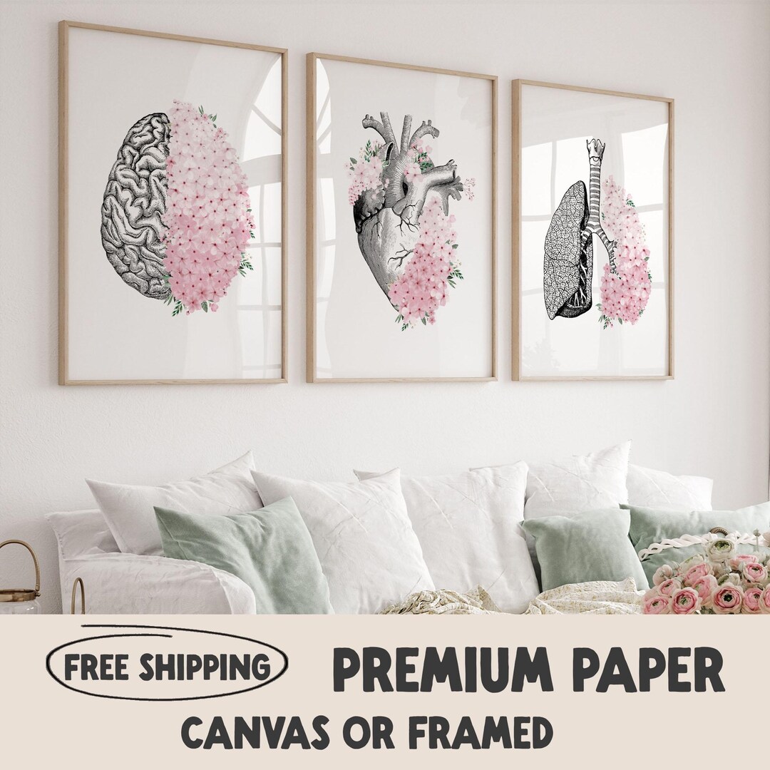 Floral Anatomy Print Set | Brain, Heart, Lungs | Medical Wall Art - Etsy