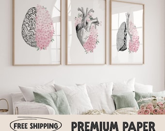 Floral Anatomy Print Set | Brain, Heart, Lungs | Medical Wall Art