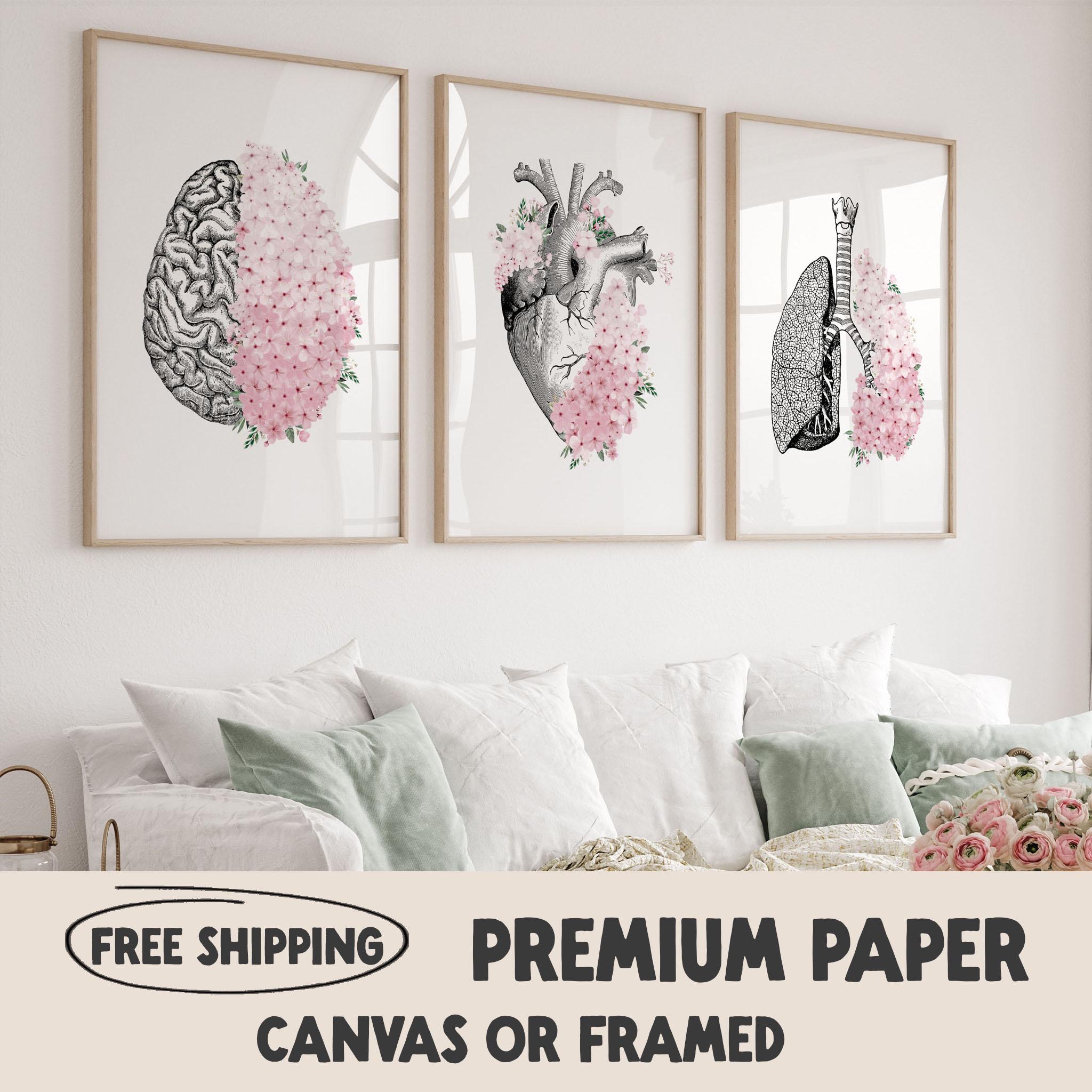 Floral Anatomy Print Set | Brain, Heart, Lungs | Medical Wall Art - Etsy