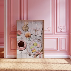 May include: A painting of a still life with a white background and a variety of objects, including a glass of wine, a plate of macarons, a cup of coffee, a box with a ribbon, and a candlestick. The objects are arranged on a tiled surface.
