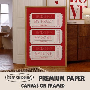 Valentine&#39;s Day Love Ticket Print | Retro Romantic Couple&#39;s Decor | Red Old Style Love Themed Art | Ticket To My Heart Soul and Love