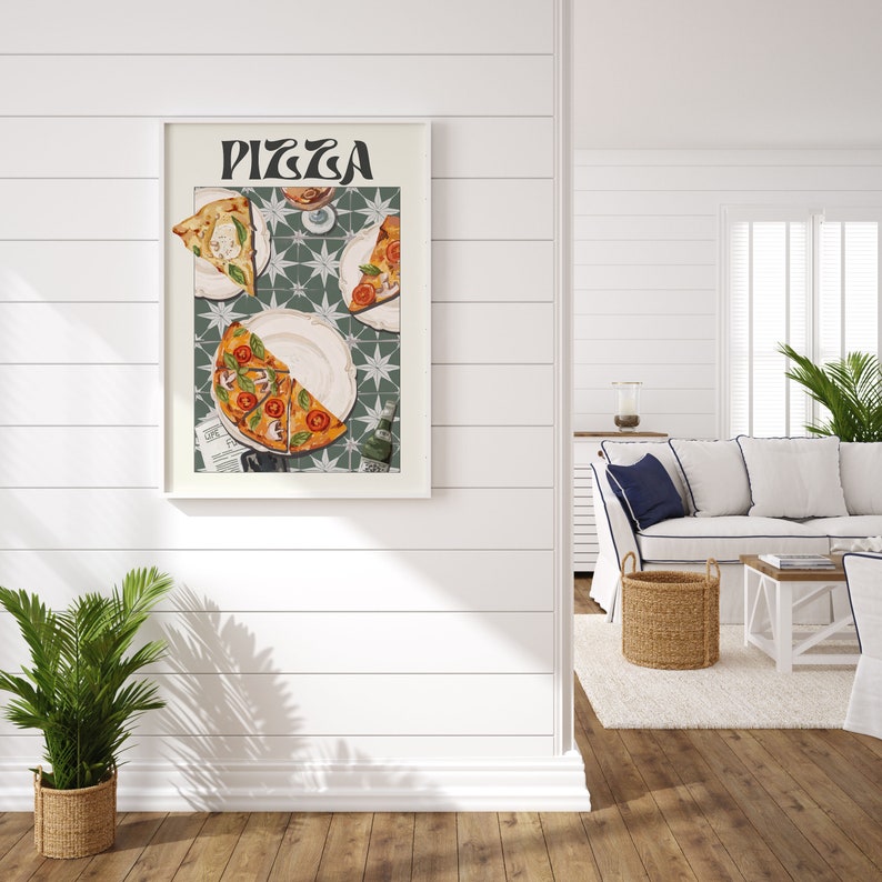 May include: A white framed print with the word "PIZZA" in black lettering. The print features a green and white tiled background with four slices of pizza on plates.
