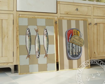 Set de láminas artísticas de sardinas de Portugal / Decoración de pared de cocina en color beige (Descarga digital)