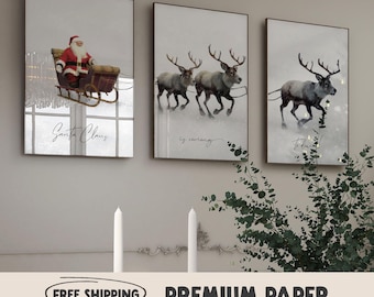 Set de láminas navideñas de Papá Noel y renos / Arte festivo para la pared