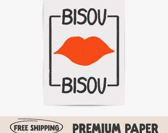Bisou Bisou lippen citaat print | Moderne muurkunst rode kusjes
