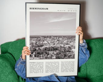 Póster vintage de Birmingham / Impresión en blanco y negro del horizonte de Alabama / Arte de viaje a una ciudad mágica
