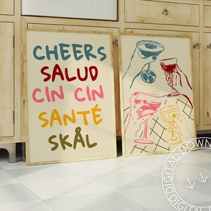 Afdrukbare set van 2 handgetekende cheersposters | Moderne kleurrijke prints met wijn- en martinidrankjes | Muurkunst in keuken- of barwagen