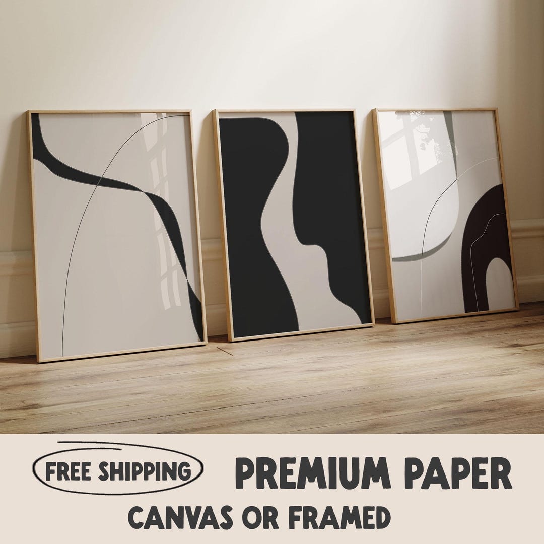 Abstract Art Print Set of 3 | Modern Geometric Beige Black Wall Decor ...