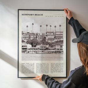 Newport Beach Print | California Coastal Wall Art | Vintage Black and White Beach Poster image 1