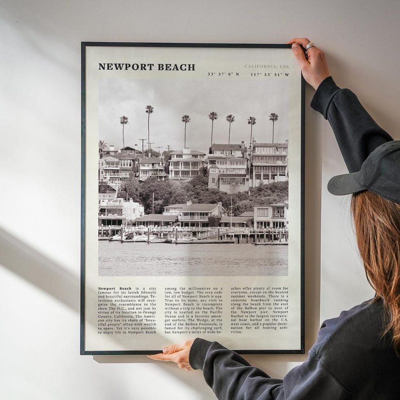 Newport Beach Print | California Coastal Wall Art | Vintage Black and White Beach Poster image 1