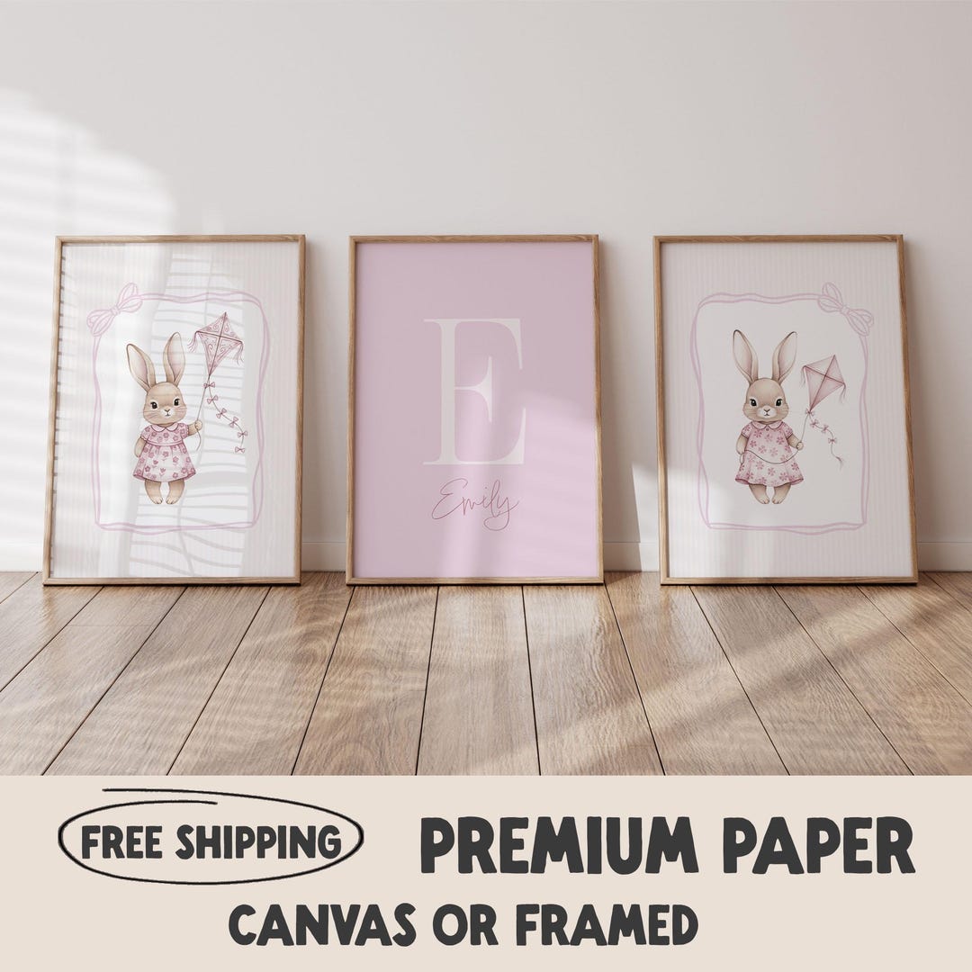 Personalized Bunny Nursery Decor Set | Pink Initial Letter Art - Etsy