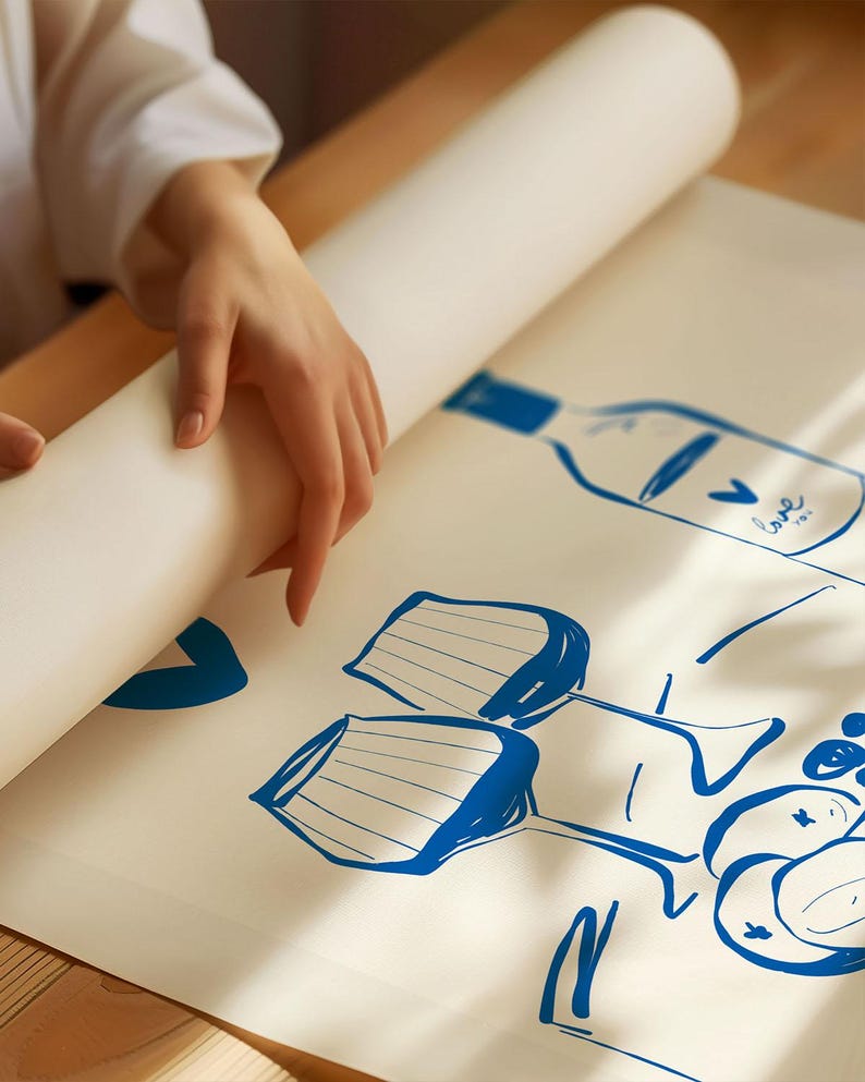 May include: A white poster with a blue illustration of a wine bottle, two wine glasses, and grapes. The bottle has the word "Love" written on it.