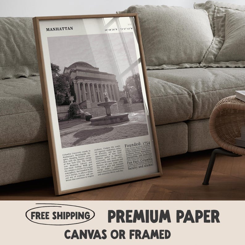 May include: A framed monochrome print depicting a building with columns and a fountain, labelled "Manhattan" and "Founded: 1754". The print is displayed on a wooden floor. The print is advertised as premium paper and available as canvas or framed.