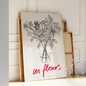 Cartel de Les Fleurs dibujado a mano imprimible / Arte moderno de pared neutral / Flores de pradera en un jarrón / Decoración de pared estética roja negra