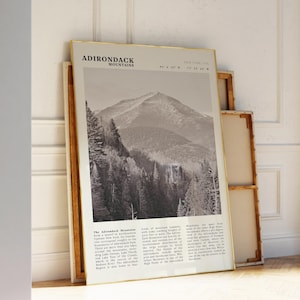 Póster de viaje de EE. UU., impresión en blanco y negro de las montañas Adirondack para imprimir, idea de regalo artístico perfecta para amantes de la naturaleza