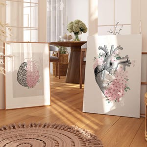 Printable Set of 2 Floral Anahomy | Brain Heart | Medical Art | Neutral Minimalistic Decor | Pink Floral Print | Mental Healt