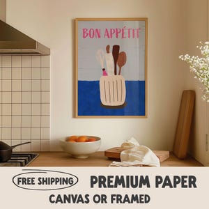 French Bon Appétit Quote Print | Kitchen or Dining Room Wall Art | Blue Pink Navy Modern Poster | Vibrant Kitchen Decor | Kitchenware canvas