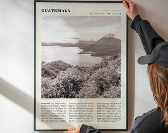 Guatemala Black & White Print | Vintage Volcano Landscape Central America Poster