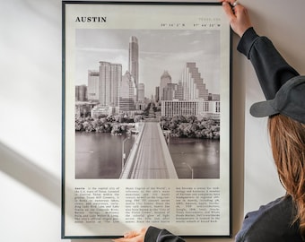 Vintage Austin Skyline Poster | Schwarz-Weiß-Texas Stadtbild, Wandkunst