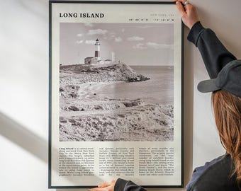 Poster costiero d'epoca di Long Island / Stampa del faro di Montauk
