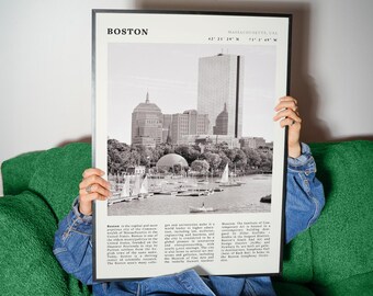 Vintage Boston stadslandskapstryck | Svartvit reseaffisch