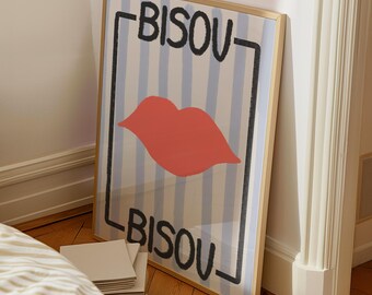 Poster Bisou Bisou-lippencitaat | Moderne slaapzaalinrichting (digitale download)