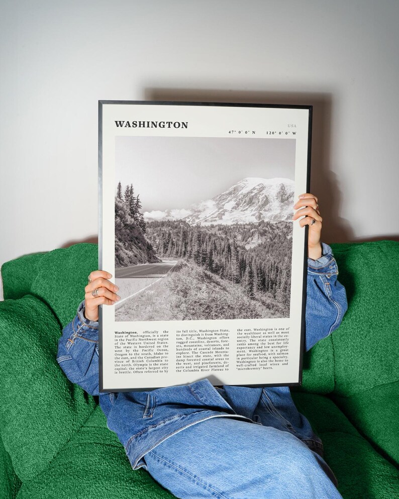 Poster con paesaggio in bianco e nero di Washington / Arte murale vintage del Pacifico nord-occidentale immagine 3