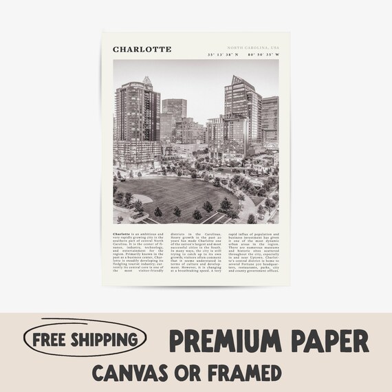 Charlotte Black & White Print | Vintage North Carolina Skyline Charlotte Black & White Print | Vintage North Carolina Skyline