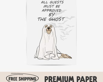 Divertente stampa di Halloween con cane fantasma / Arte murale della stagione spettrale