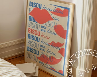 Bisou Bisou-citaatafdruk | Romantische lippen, moderne typografie (digitale download)