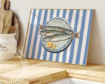 Blue Sardines Hand Drawn Art Print | Portugal Kitchen Decor (Digital Download)