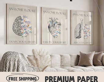Floral Anatomy Prints Set | Brain, Heart, Lungs Medical Art
