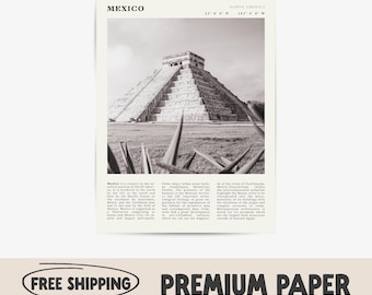 Mexico Chichen Itza Print | Black & White Mayan Pyramid, Mexico Travel Poster