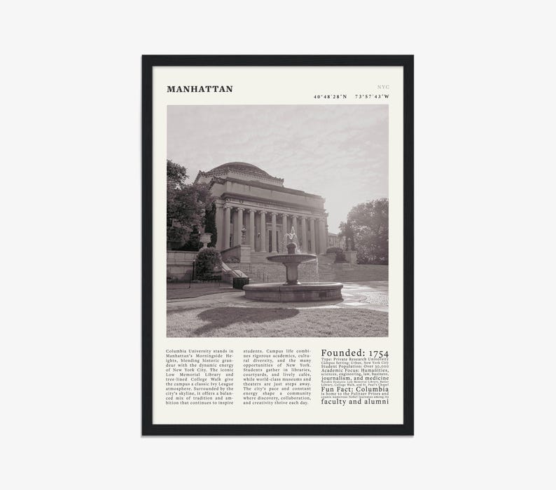 May include: A framed monochrome print featuring a building with columns and a fountain, labelled "Manhattan" and "NYC." The print includes text about Columbia University, founded in 1754, and its faculty and alumni.