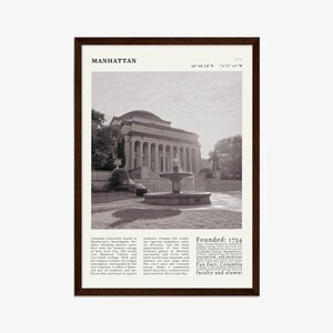 May include: A framed monochrome print featuring a building with columns and a fountain. The print is labelled "Manhattan" and includes text about Columbia University and its founding date, 1754.