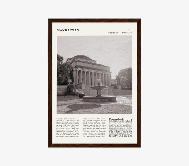 May include: A framed monochrome print featuring a building with columns and a fountain. The print is labelled "Manhattan" and includes text about Columbia University and its founding date, 1754.