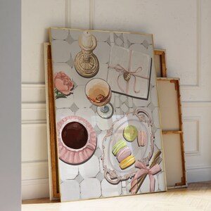 May include: A painting of a still life with a pink rose, a glass of wine, a candle, a cup of coffee, and macarons on a white tiled surface.