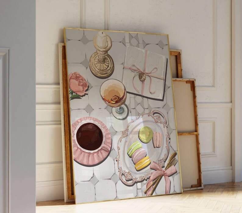 May include: A painting of a still life with a pink rose, a glass of wine, a candle, a cup of coffee, and macarons on a white tiled surface.