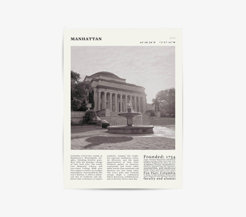May include: A sepia print showing a building with columns and a fountain. The word "MANHATTAN" is at the top, with coordinates and the text "Founded: 1754" below the image. Text describes the location, blending historic green spaces of New York City.