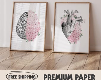 Floral Anatomy Print Set | Brain & Heart Medical Art