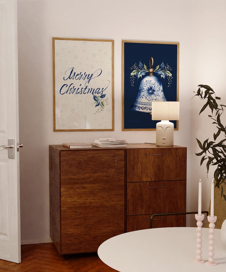 Printable Christmas Set of 2 Decor Posters Navy Blue Merry Christmas
